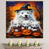 American Eskimo Halloween Witch Dog Canvas Wall Art with Pumpkins Fall Farmhouse Decor for Pet Lovers on Ready to Hang 1.5" Thick Canvas Wrap, Floating Framed Canvas, Flat Rolled Canvas